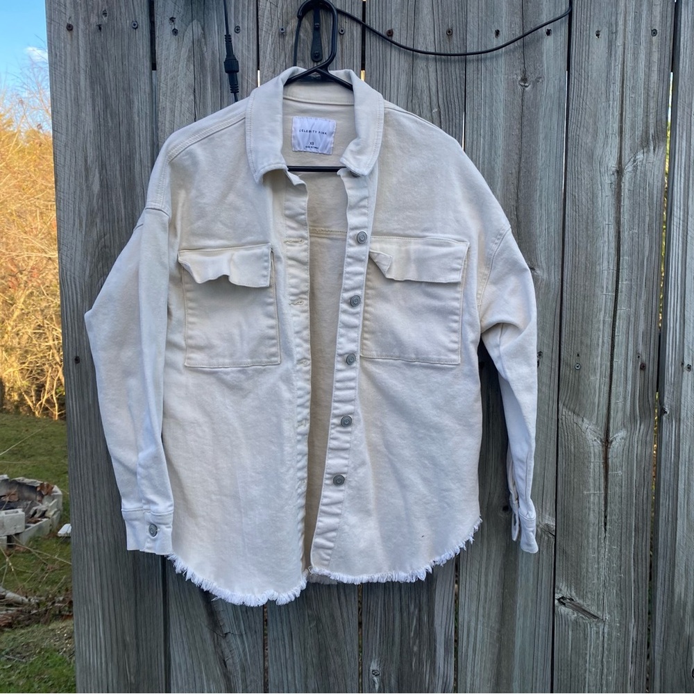 Distressed Shacket Celebrity Pink Denim Shirt Jacket‎ Womens XS Cream Off-White